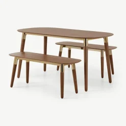 Juego de Bancos y Mesa de Comedor Edelweiss – Nogal y Dorado
