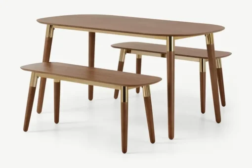 Juego de Bancos y Mesa de Comedor Edelweiss – Nogal y Dorado