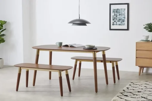 Juego de Bancos y Mesa de Comedor Edelweiss – Nogal y Dorado