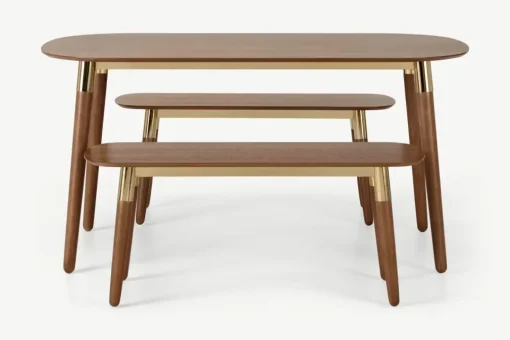 Juego de Bancos y Mesa de Comedor Edelweiss – Nogal y Dorado