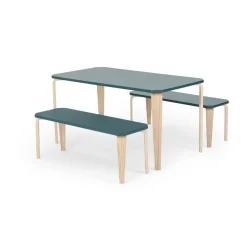 Juego de Comedor de Bancos Alma – Azul Cerceta y Fresno