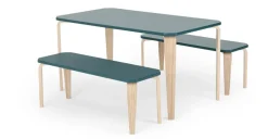 Juego de Comedor de Bancos Alma – Azul Cerceta y Fresno