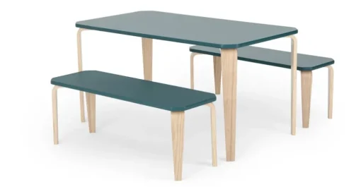Juego de Comedor de Bancos Alma – Azul Cerceta y Fresno