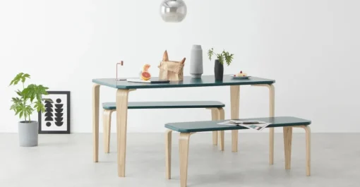 Juego de Comedor de Bancos Alma – Azul Cerceta y Fresno