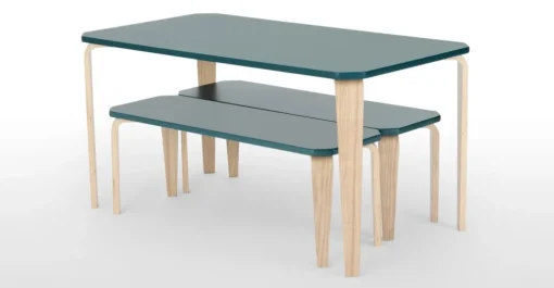 Juego de Comedor de Bancos Alma – Azul Cerceta y Fresno