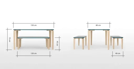 Juego de Comedor de Bancos Alma – Azul Cerceta y Fresno