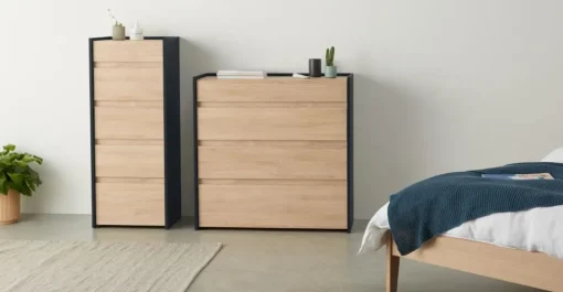 Mesa de noche Stu – Efecto roble y azul océano