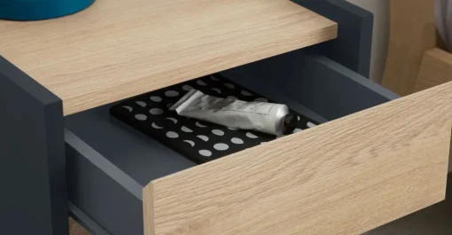 Mesa de noche Stu – Efecto roble y azul océano