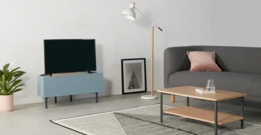 Mueble multimedia esquinero Mino – Roble y azul