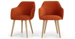 Juego de 2 sillas de comedor con reposabrazos Lule – Terciopelo naranja llama y roble