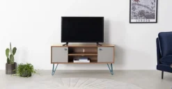 Mueble multimedia ancho Dotty – Roble oscuro y gris